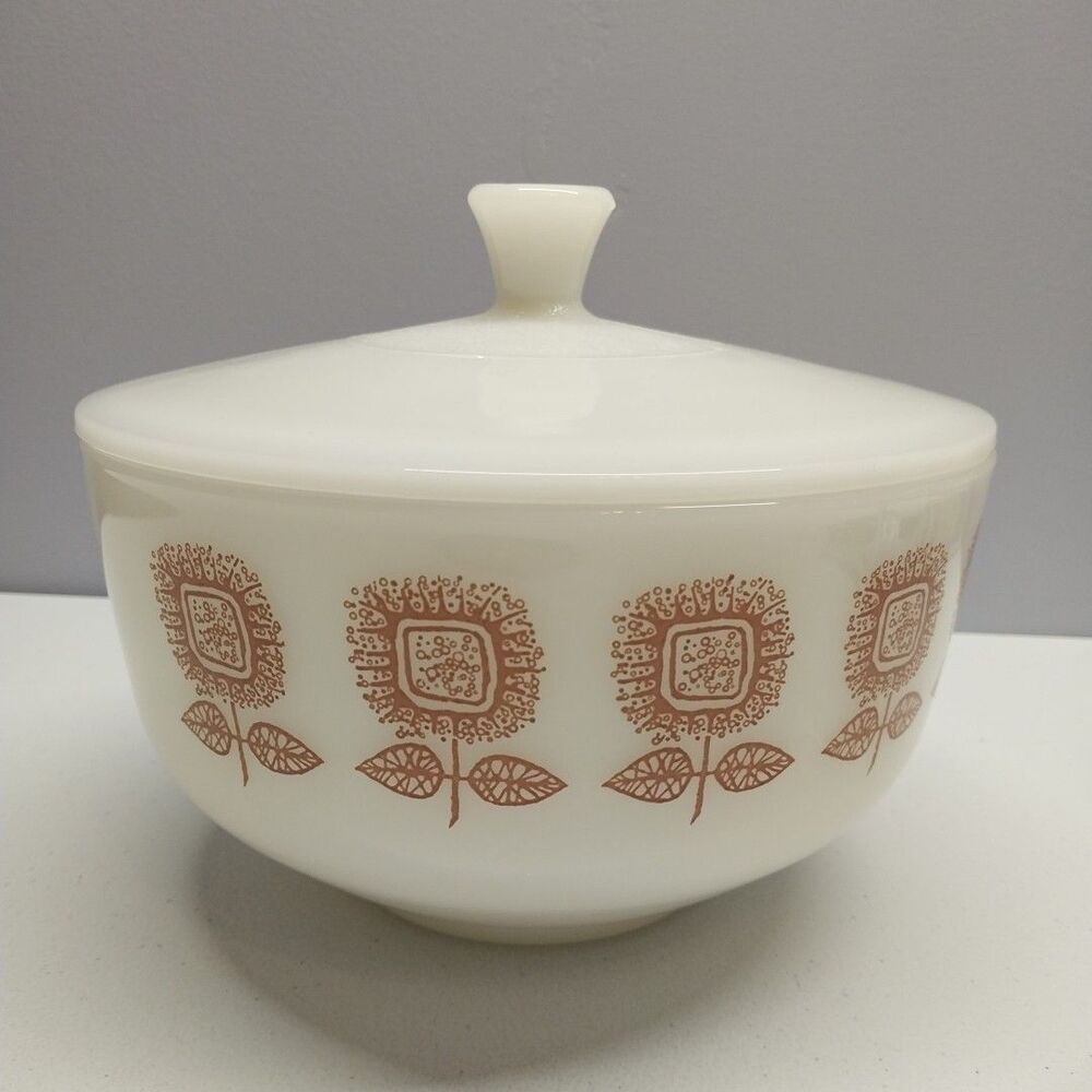 Vintage Federal Milk Glass Casserole Dish Sunflower Pattern Lidded 1960s 2.5 QT